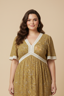 HY9798W Mustard Plus Crochet Lace Trimmed Textured Floral Dress Back