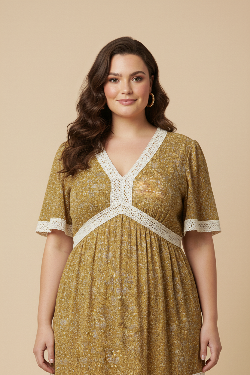 HY9798W Mustard Plus Crochet Lace Trimmed Textured Floral Dress Back