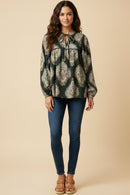 Bold Block Print Tie Neck Top