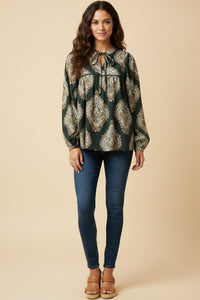 Bold Block Print Tie Neck Top
