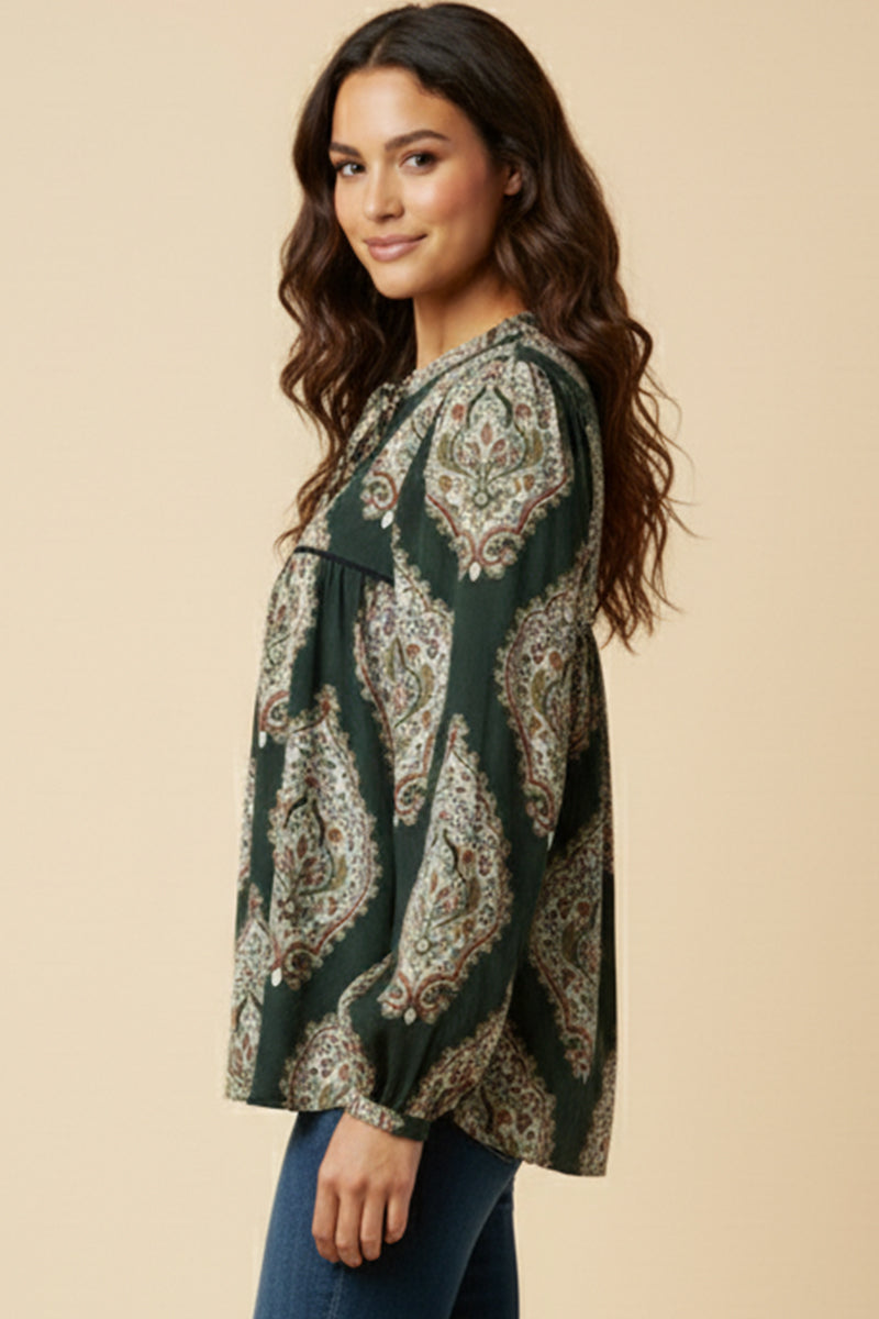 Bold Block Print Tie Neck Top