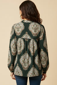 Bold Block Print Tie Neck Top