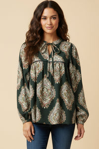 Bold Block Print Tie Neck Top