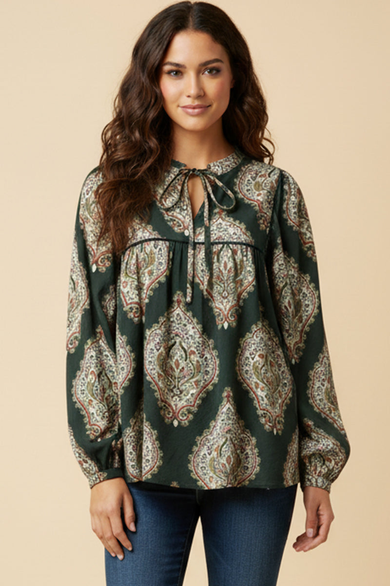 Bold Block Print Tie Neck Top
