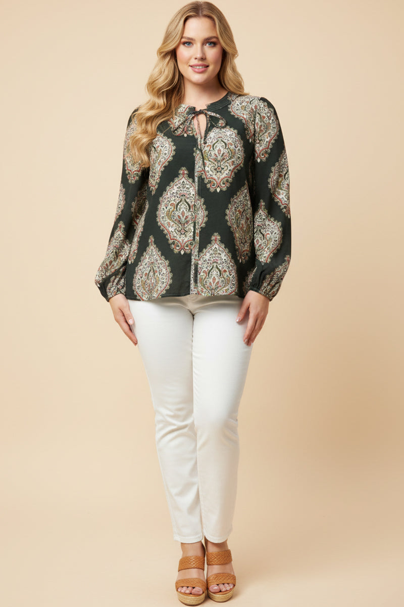 Bold Block Print Tie Neck Top