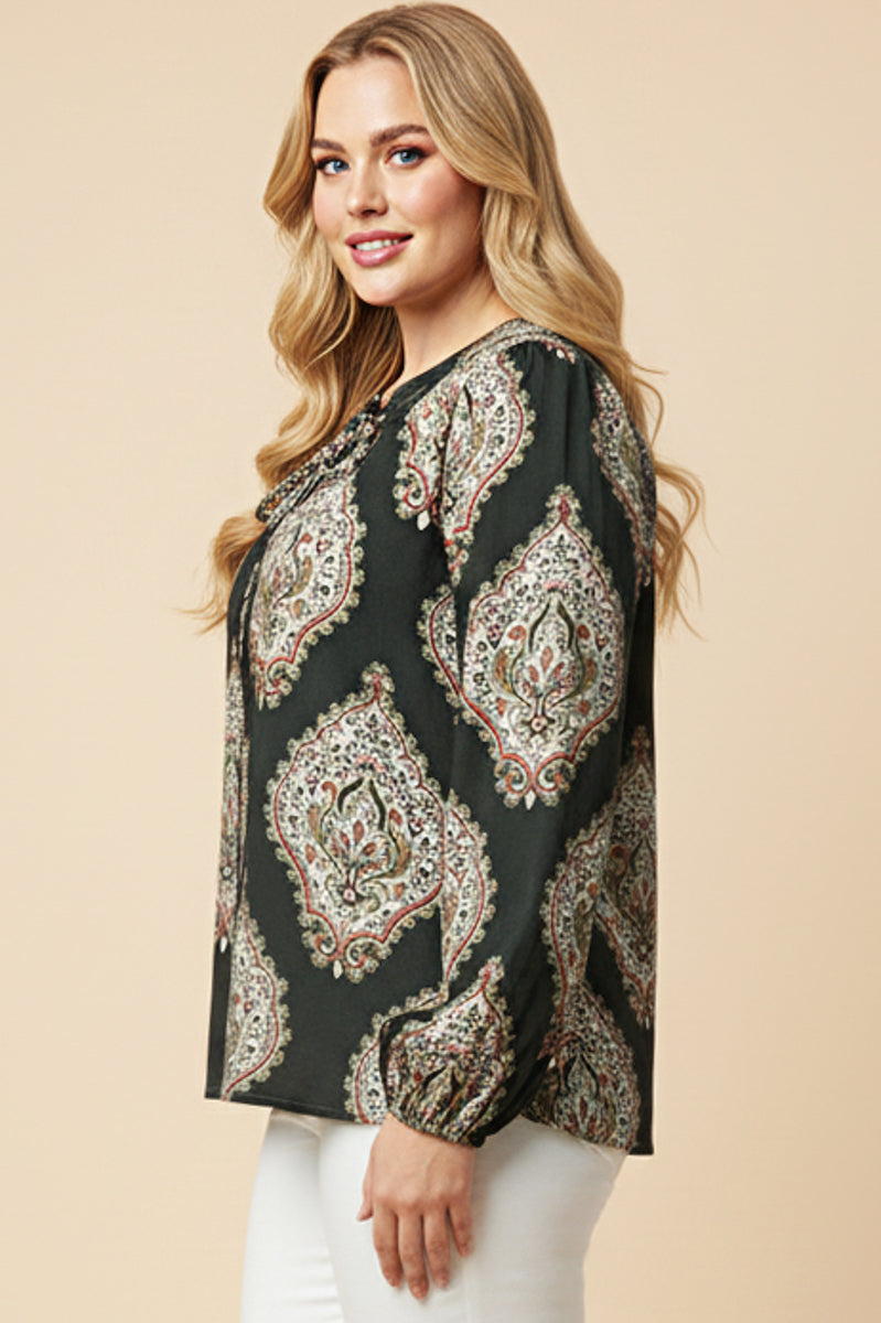 Bold Block Print Tie Neck Top