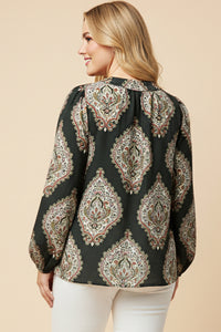 Bold Block Print Tie Neck Top