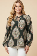 Bold Block Print Tie Neck Top