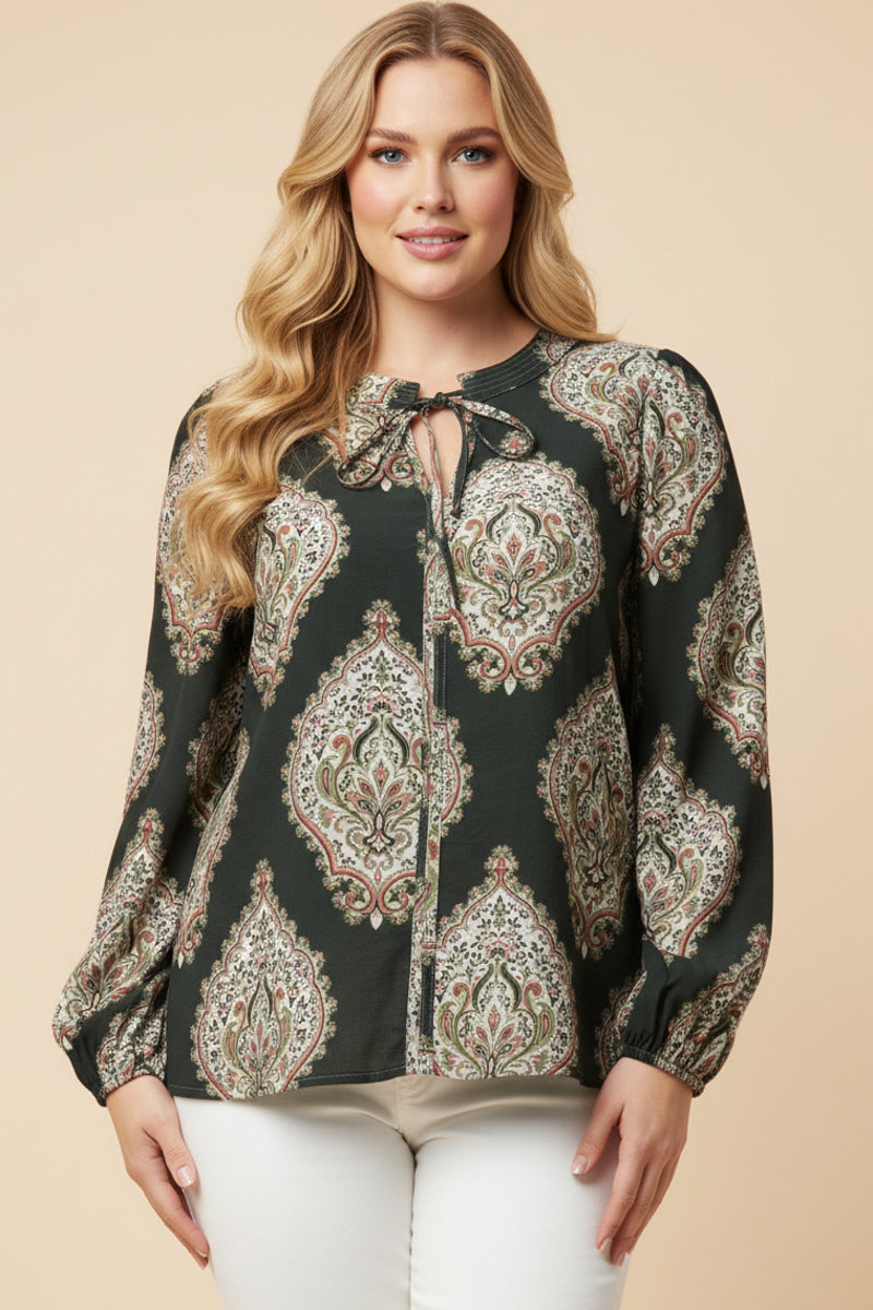 Bold Block Print Tie Neck Top