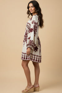 Border Print V Neck Dolman Dress