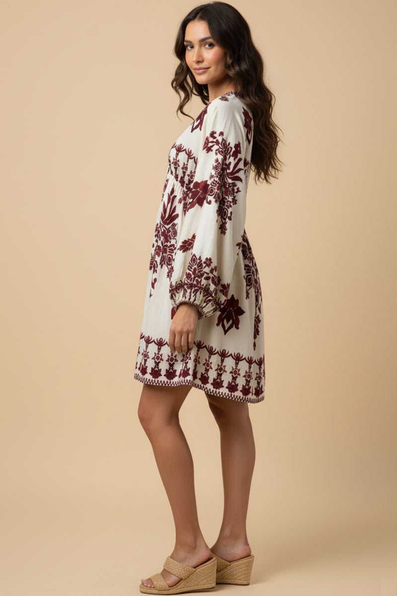 Border Print V Neck Dolman Dress