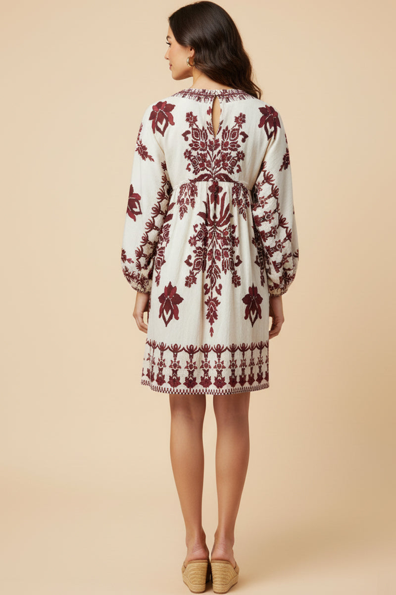 Border Print V Neck Dolman Dress