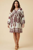 Border Print V Neck Dolman Dress
