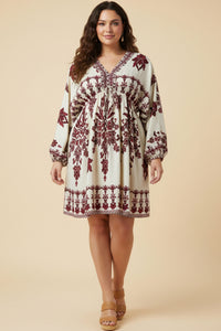 Border Print V Neck Dolman Dress
