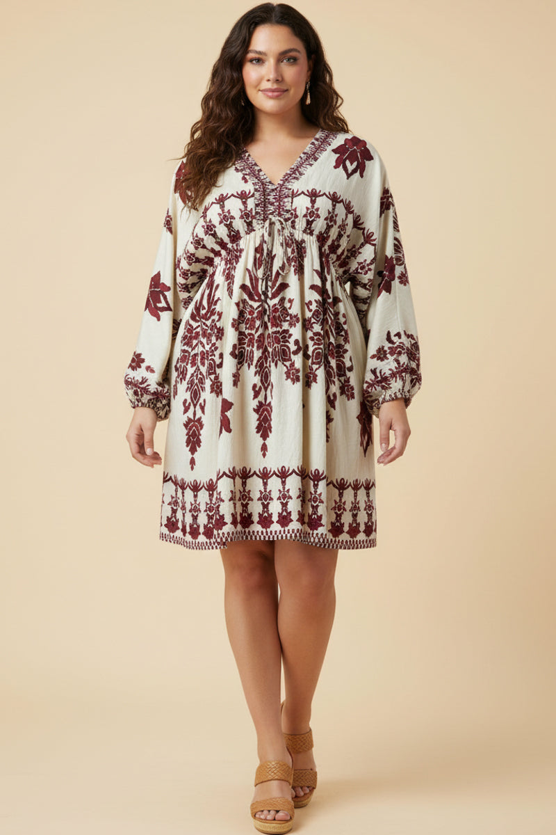 Border Print V Neck Dolman Dress