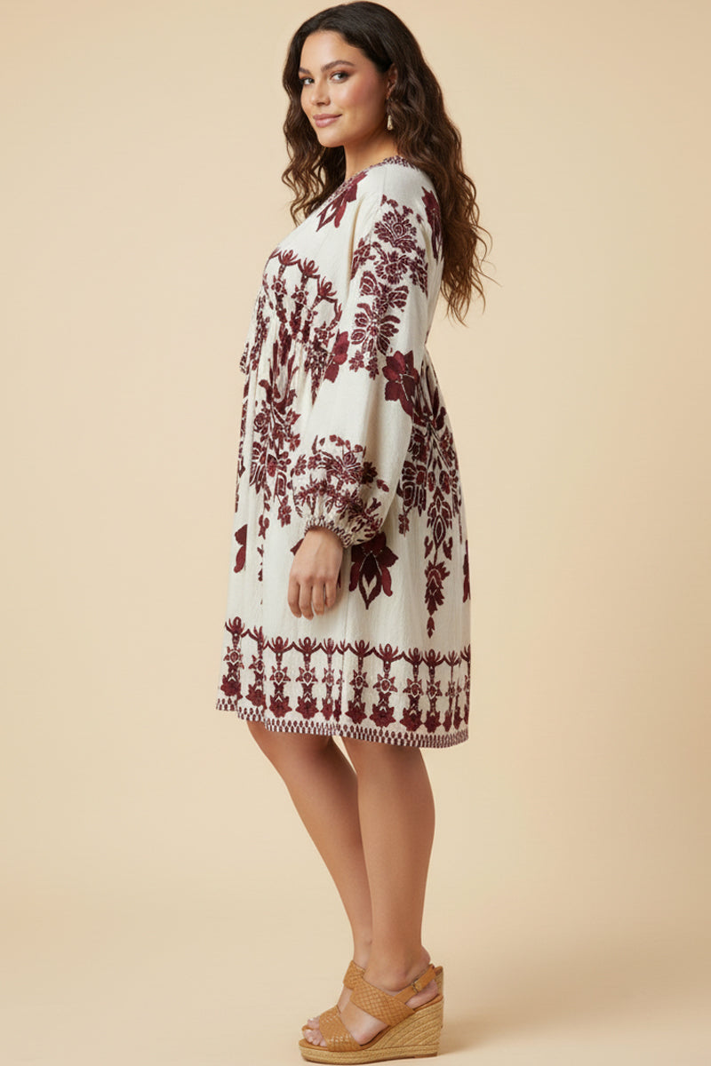 Border Print V Neck Dolman Dress