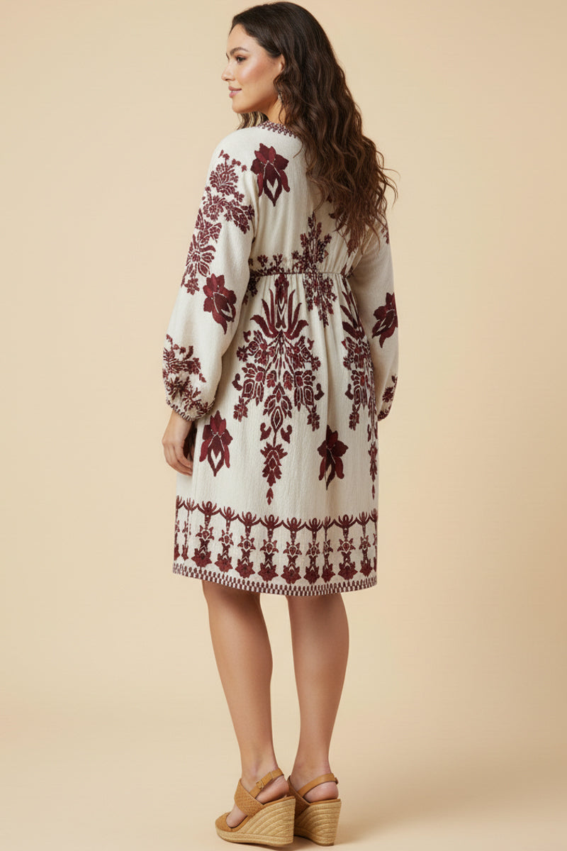 Border Print V Neck Dolman Dress
