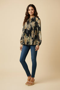 HY9811 Black Womens Romantic Floral Pleated Tie Neck Blouse Front