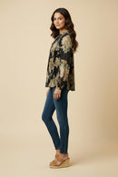 HY9811 Black Womens Romantic Floral Pleated Tie Neck Blouse Side