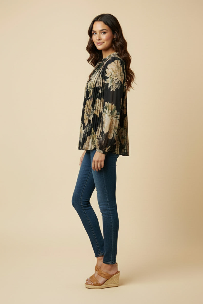 HY9811 Black Womens Romantic Floral Pleated Tie Neck Blouse Side