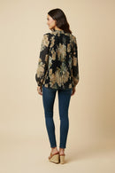 HY9811 Black Womens Romantic Floral Pleated Tie Neck Blouse Back