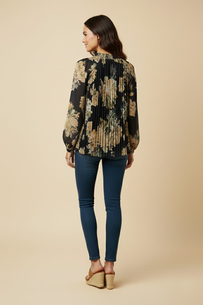 HY9811 Black Womens Romantic Floral Pleated Tie Neck Blouse Back