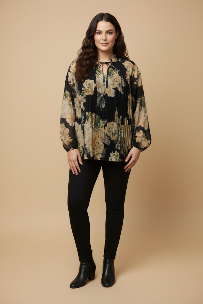 Romantic Floral Pleated Tie Neck Blouse