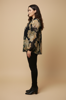 HY9811W Black Plus Romantic Floral Pleated Tie Neck Blouse Side