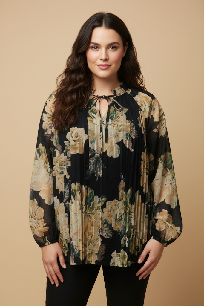 HY9811W Black Plus Romantic Floral Pleated Tie Neck Blouse Front