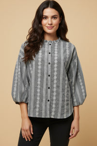 Embroidered Eyelet Ruffled Neck Top