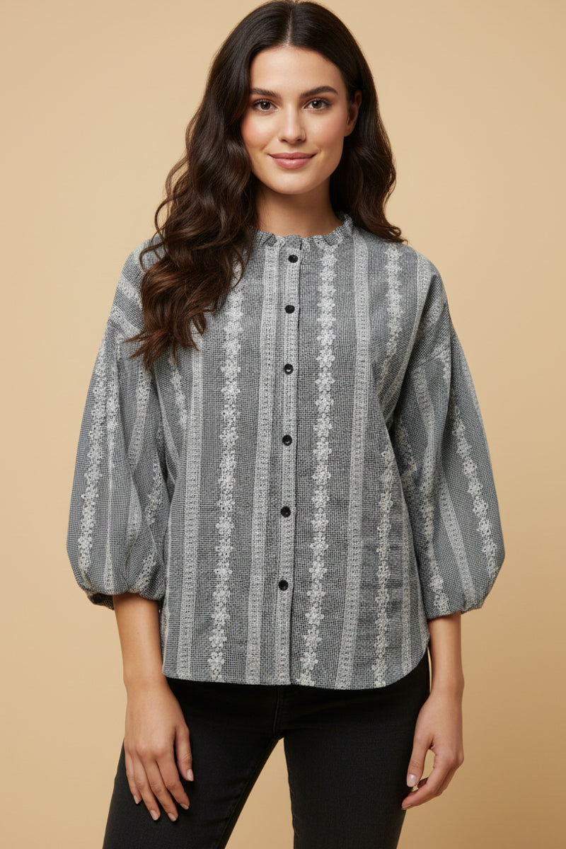 Embroidered Eyelet Ruffled Neck Top
