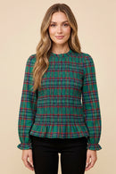 Plaid Ruffle Neck Smocked Body Top
