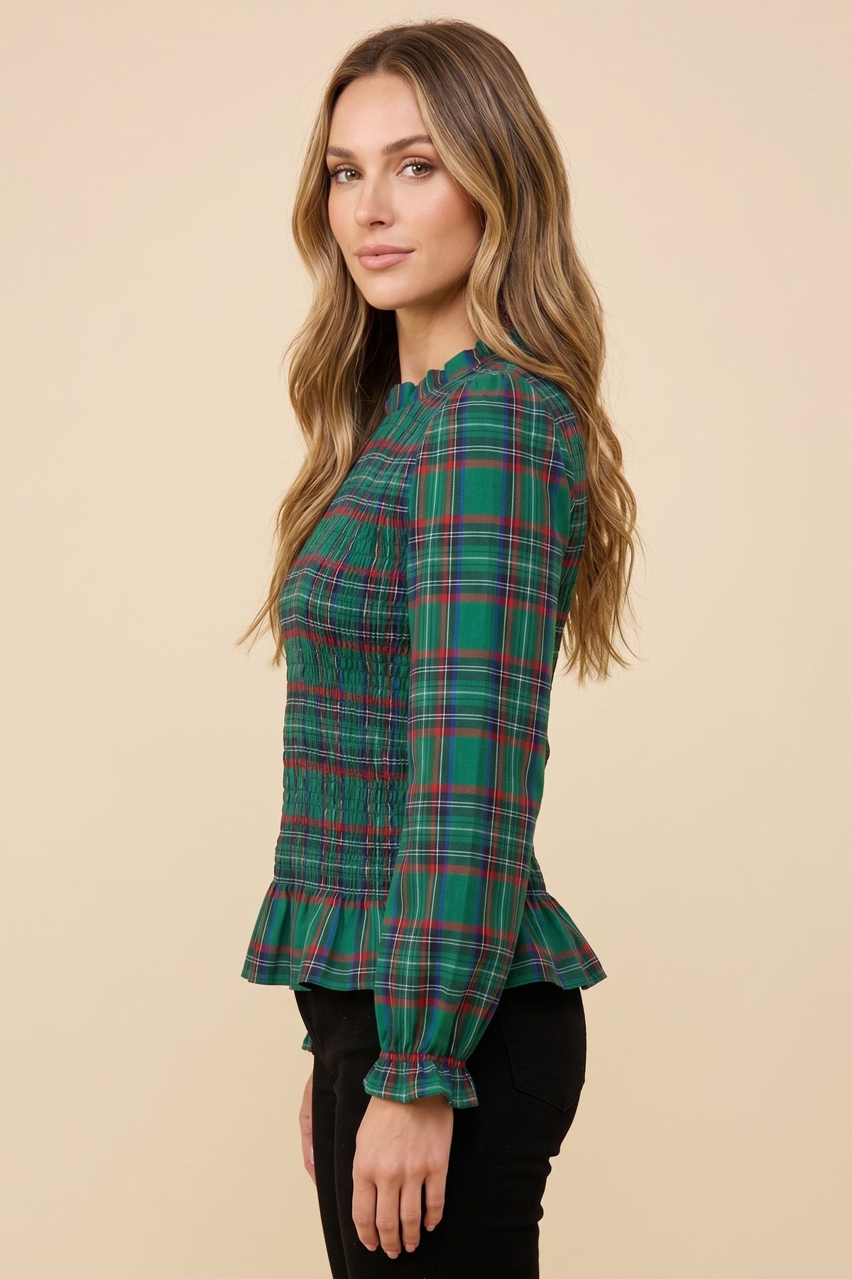 Plaid Ruffle Neck Smocked Body Top