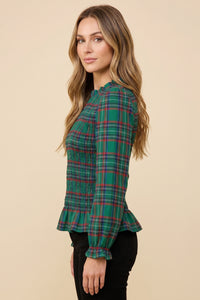 Plaid Ruffle Neck Smocked Body Top