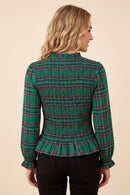 Plaid Ruffle Neck Smocked Body Top