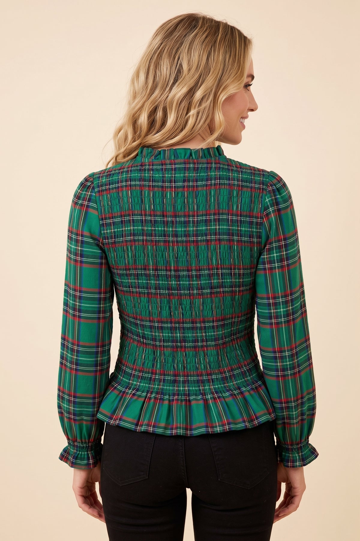 Plaid Ruffle Neck Smocked Body Top
