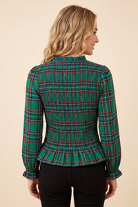 Plaid Ruffle Neck Smocked Body Top