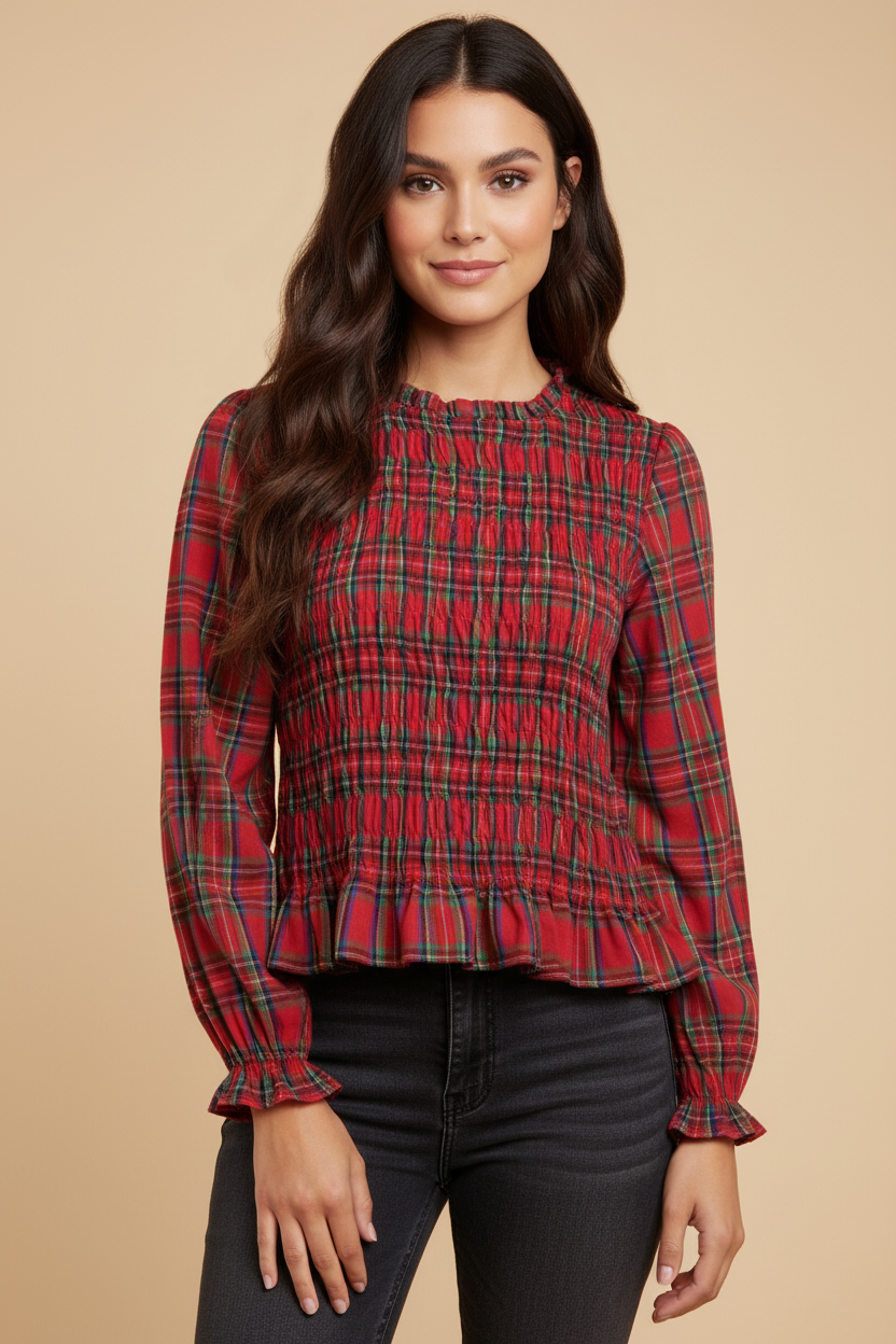 Plaid Ruffle Neck Smocked Body Top