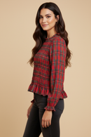 Plaid Ruffle Neck Smocked Body Top