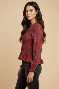 Plaid Ruffle Neck Smocked Body Top
