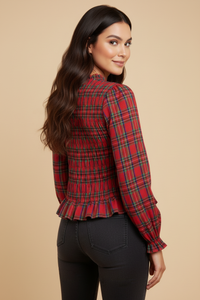 Plaid Ruffle Neck Smocked Body Top