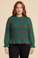 Plaid Ruffle Neck Smocked Body Top