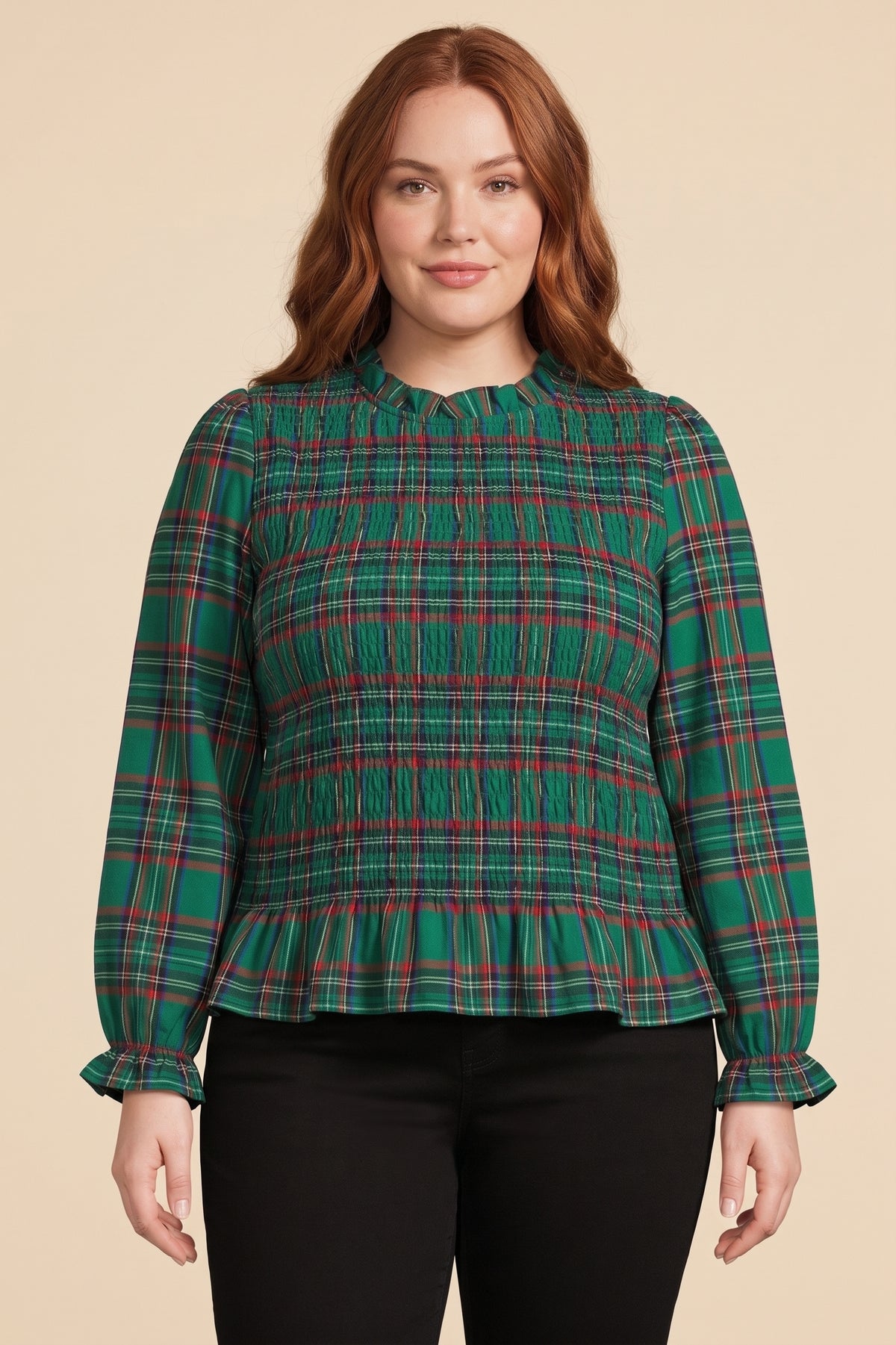 Plaid Ruffle Neck Smocked Body Top