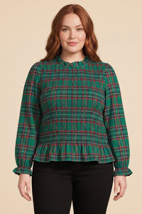 Plaid Ruffle Neck Smocked Body Top