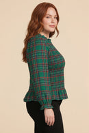 Plaid Ruffle Neck Smocked Body Top