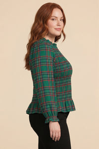 Plaid Ruffle Neck Smocked Body Top