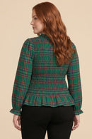 Plaid Ruffle Neck Smocked Body Top