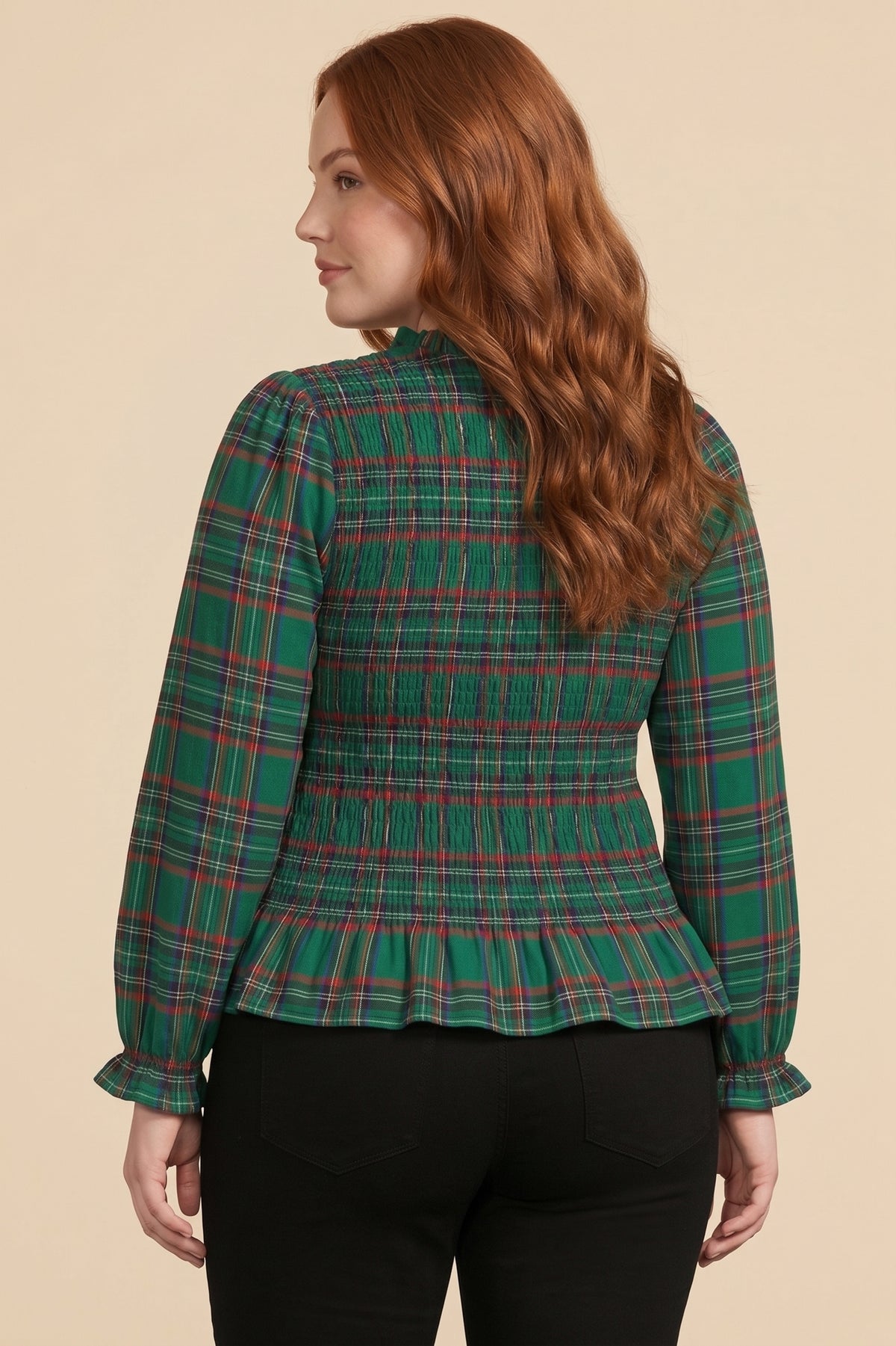 Plaid Ruffle Neck Smocked Body Top