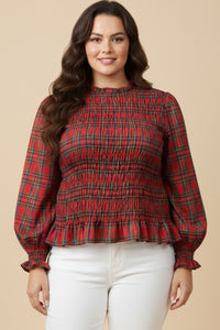 Plaid Ruffle Neck Smocked Body Top