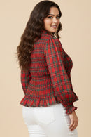 Plaid Ruffle Neck Smocked Body Top